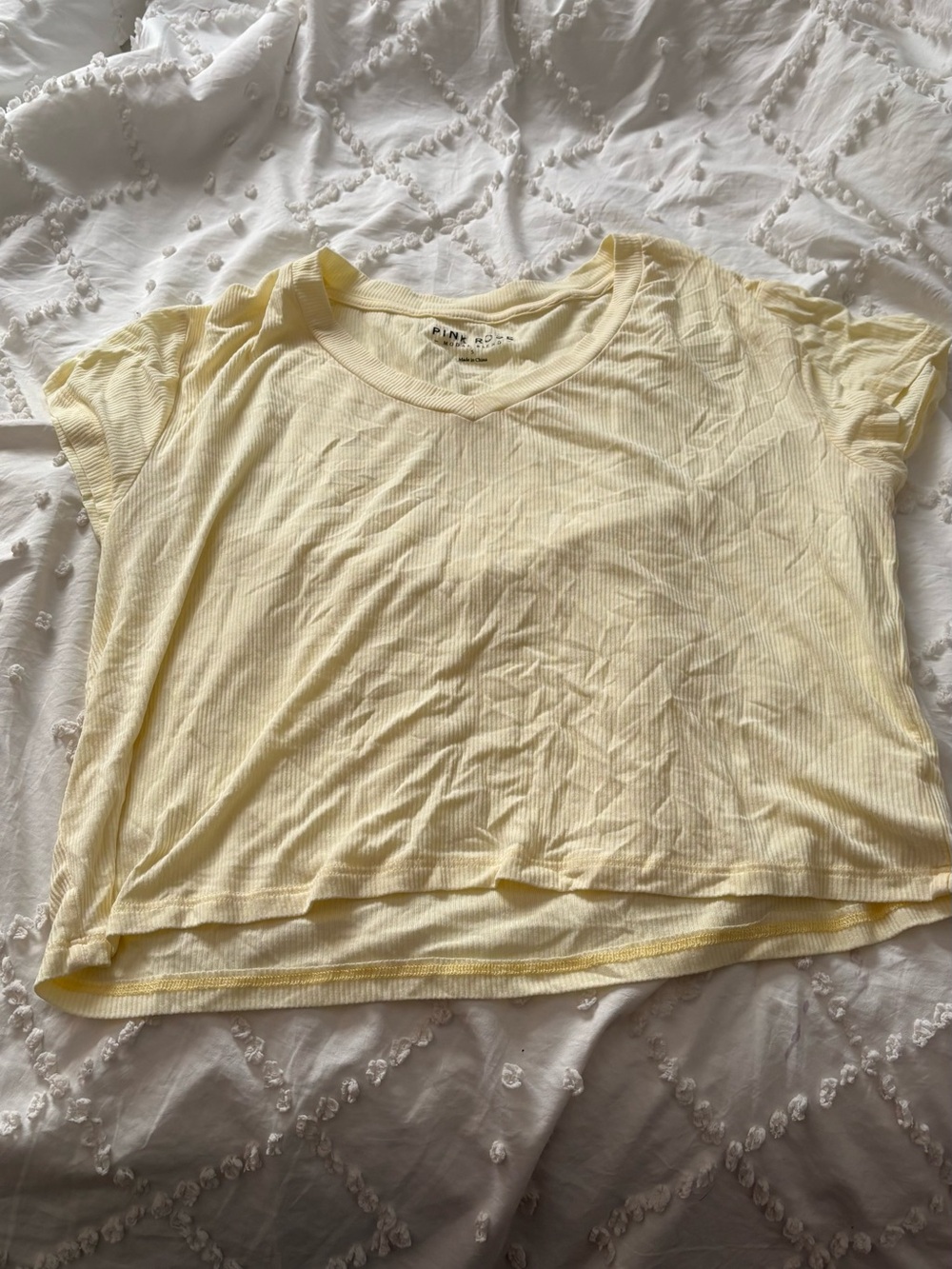 Pink Rose Pale Yellow Ribbed V-Neck Top